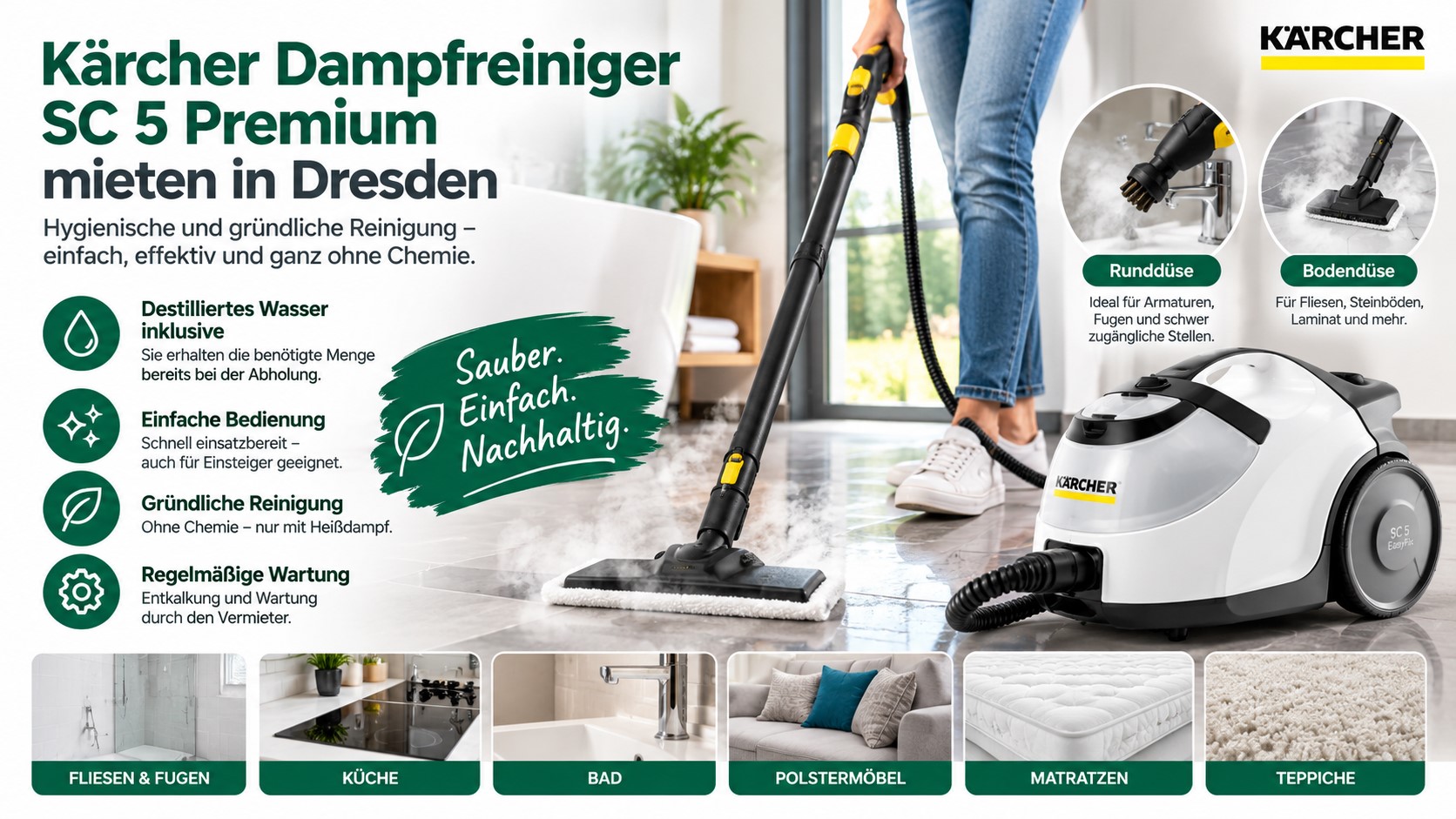 Kärcher SC 5 Dampfreiniger mieten in Dresden – Bodenreinigung mit Dampf, destilliertes Wasser inklusive
