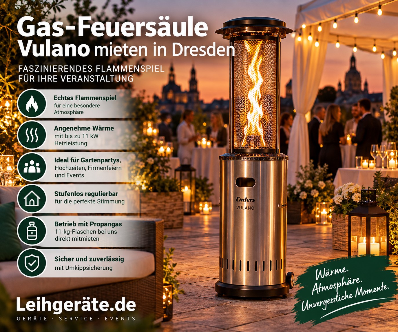 Gas-Feuersäule Vulano mit sichtbarer Flamme – Terrassenfeuer und Heizpilz mieten in Dresden für Gartenpartys, Hochzeiten und Veranstaltungen.