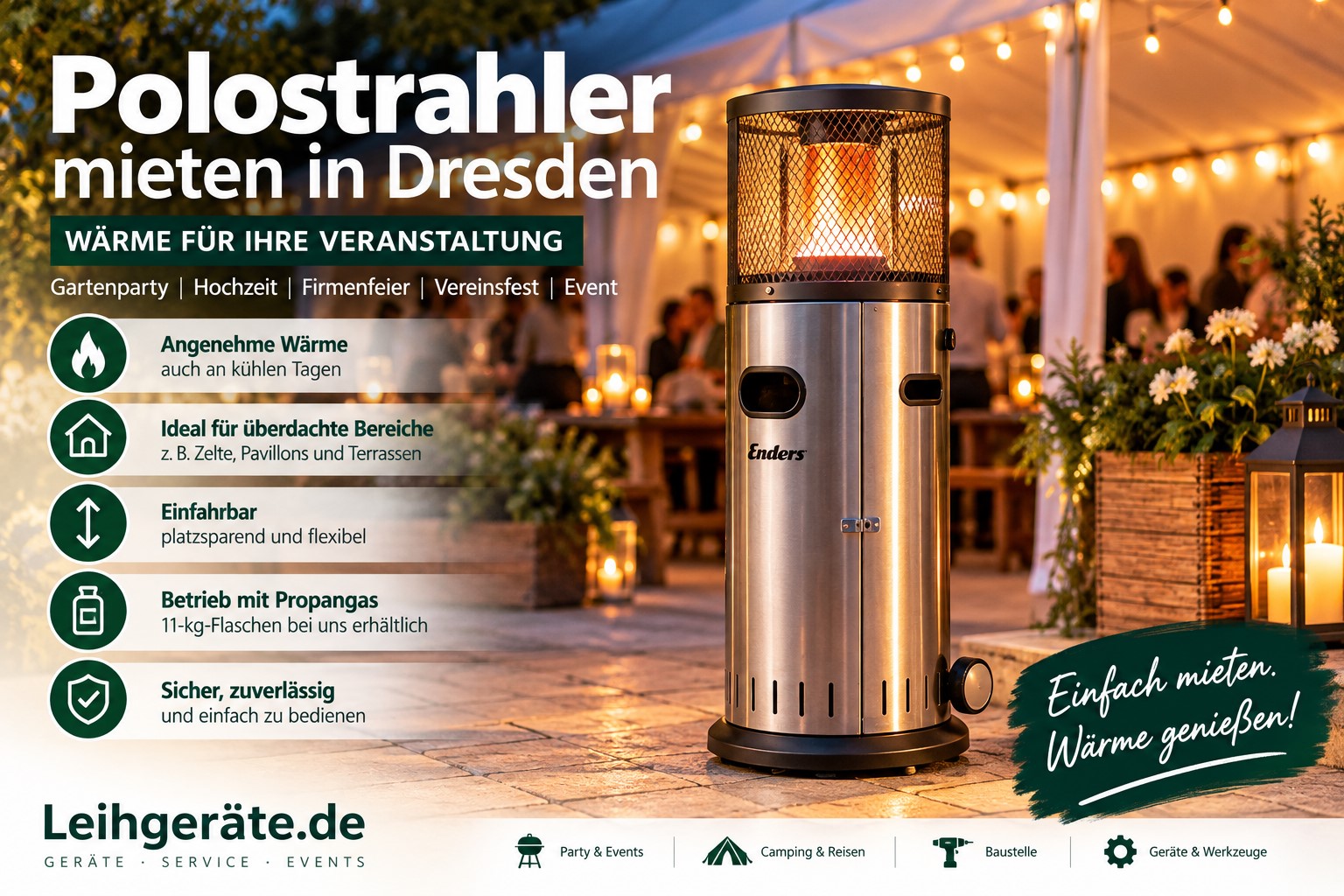 Heizpilz für Festzelt und Pavillon mieten in Dresden – kompakter, einfahrbarer Gasheizstrahler für Veranstaltungen.