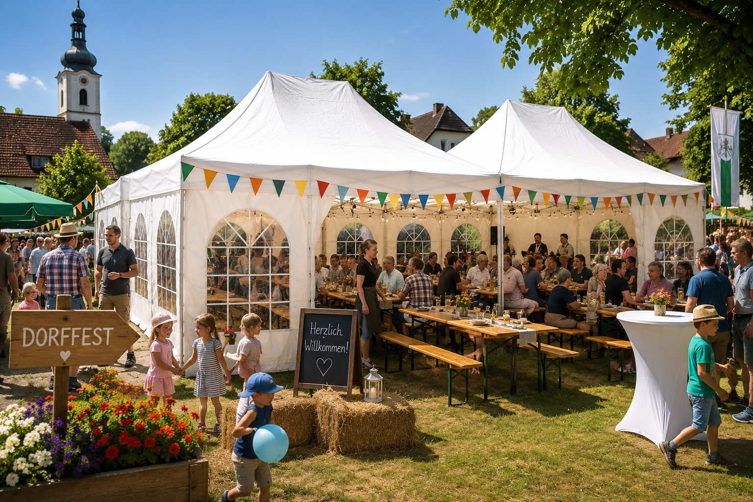 4 x 12 m Partyzelt bei einem Dorffest in Dresden mit Gästen und Bierzeltgarnituren