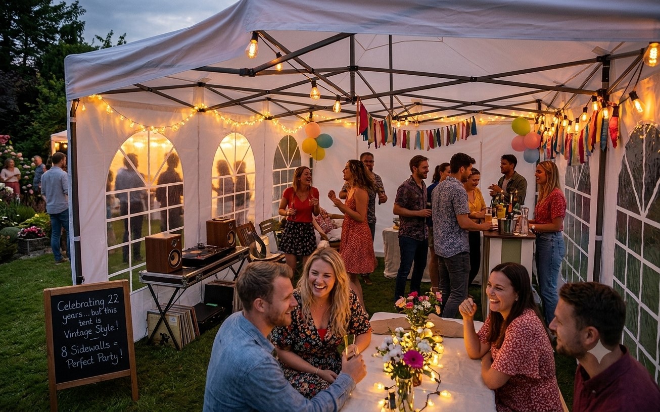 4 x 6 m Partyzelt bei einer Feier in Dresden mit Gästen und Beleuchtung