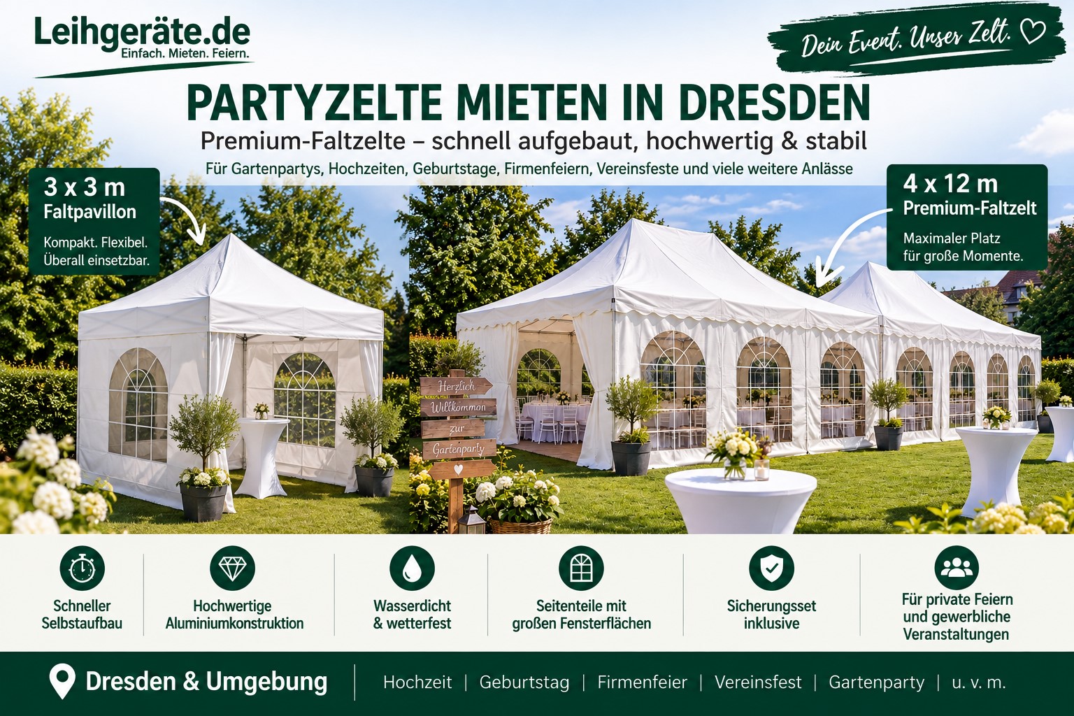 Partyzelt mieten in Dresden – 3 x 3 m Faltpavillon und 4 x 12 m Premium-Faltzelt