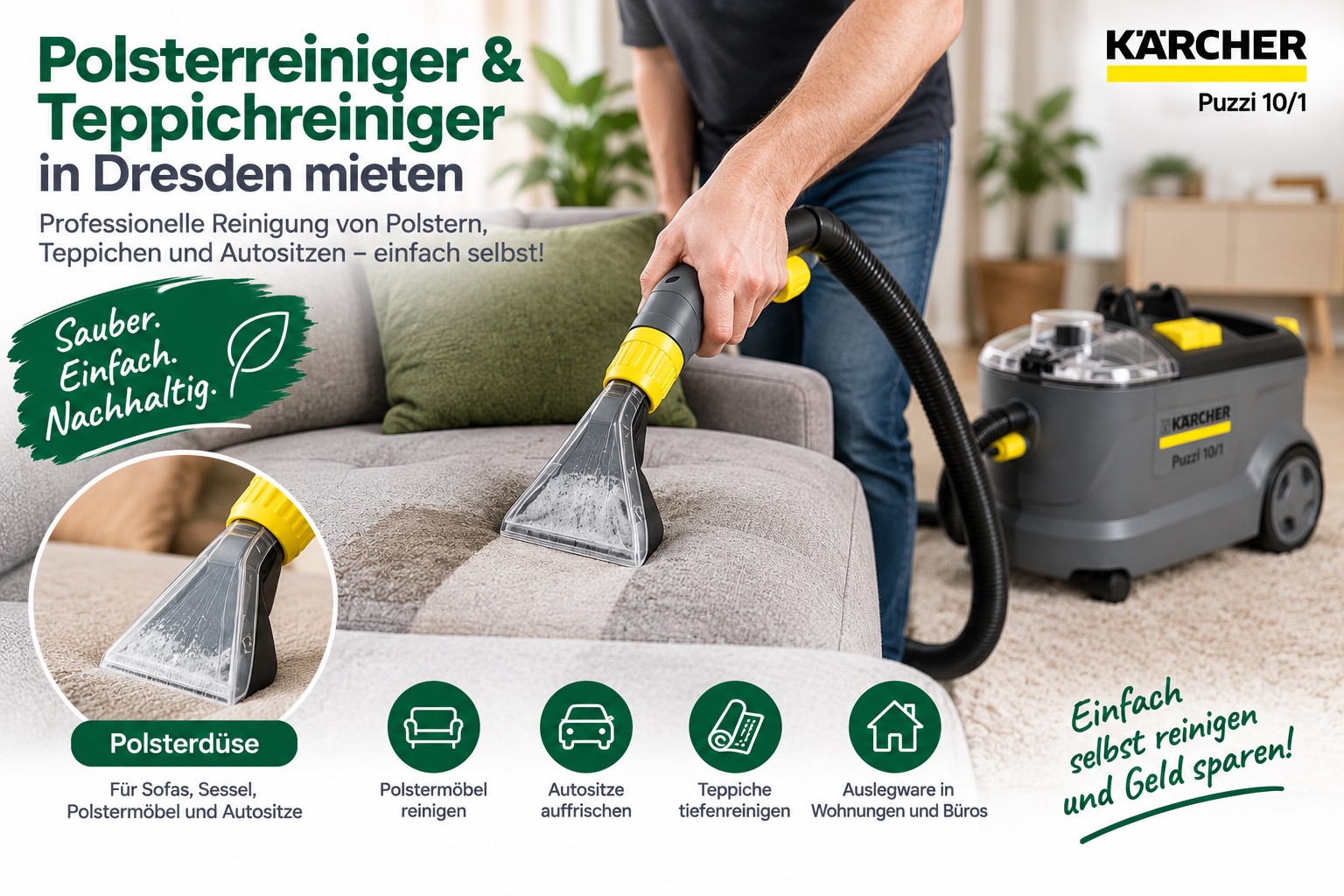 Kärcher Puzzi 10/1 Polsterreiniger mit Polsterdüse zur Reinigung eines Sofas – in Dresden mieten