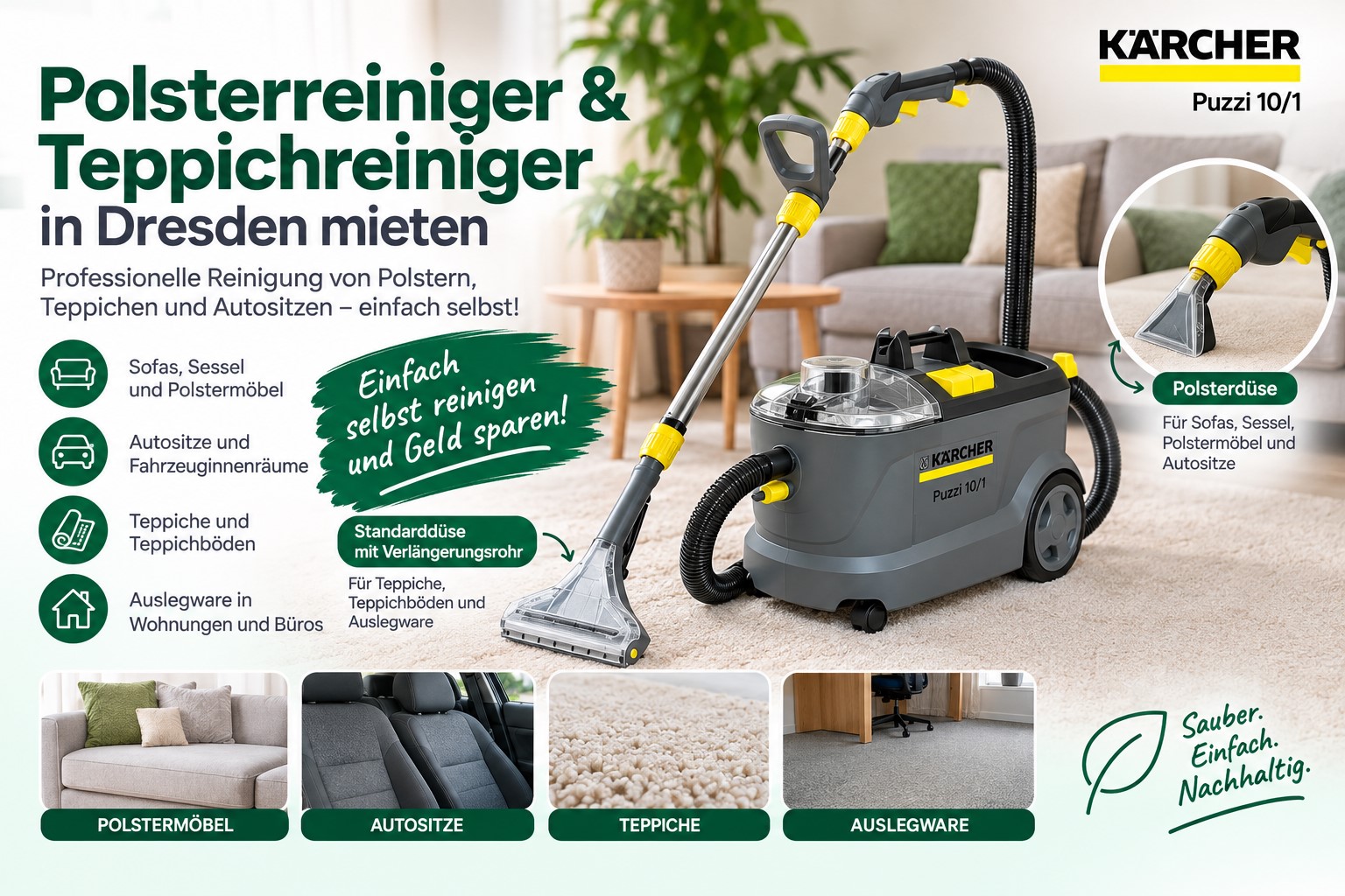 Polsterreiniger und Teppichreiniger in Dresden mieten – Kärcher Puzzi 10/1 für Sofas, Autositze und Teppiche