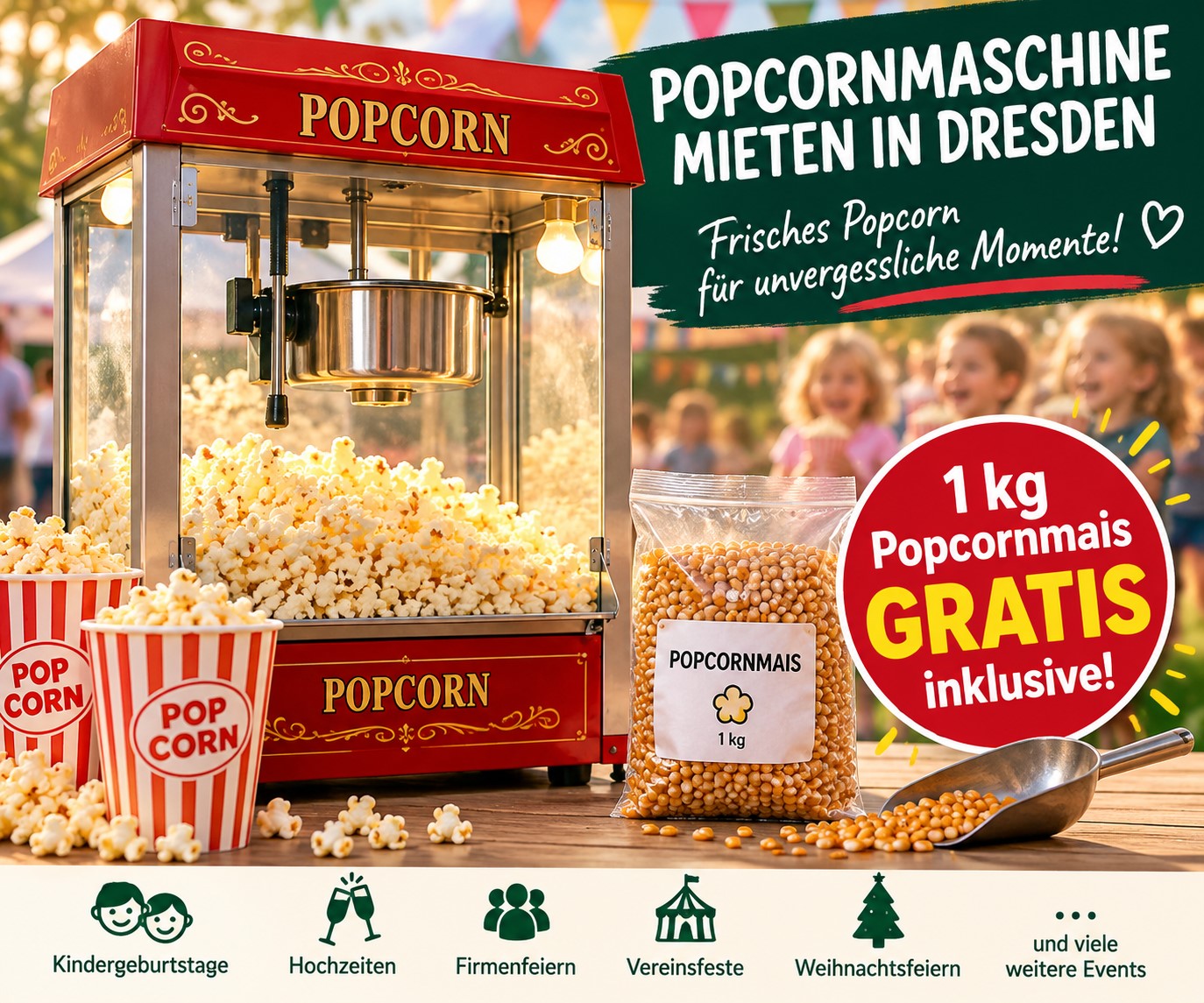 Popcornmaschine mieten in Dresden mit 1 kg Popcornmais gratis