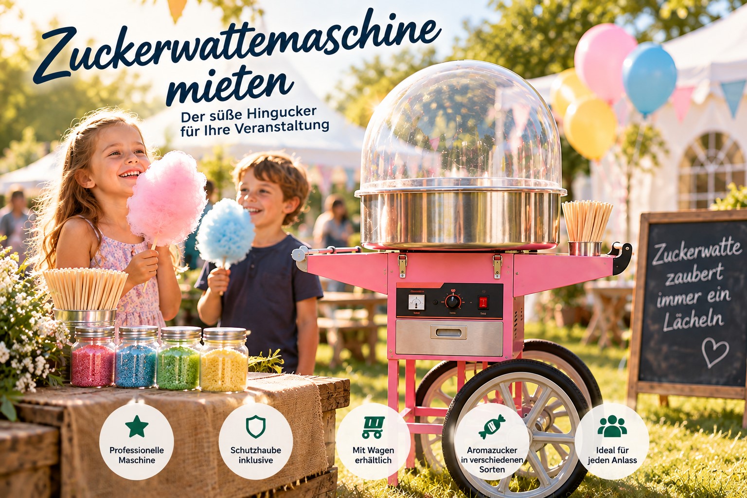 Zuckerwattemaschine mieten in Dresden mit Schutzhaube und Wagen